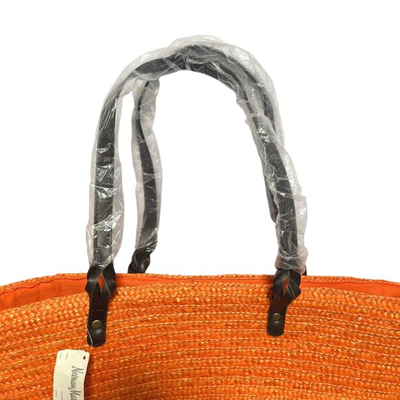 Neiman Marcus Large Straw Tote Bag Orange Boho Tropical Beach Vacation Hawaii - Picture 6 of 12